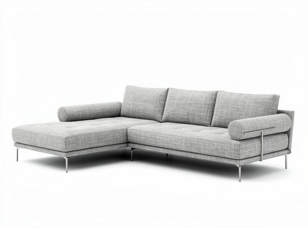 Modern sectional sofa in light gray fabric with stainless steel legs 240 x 160 x 80cm