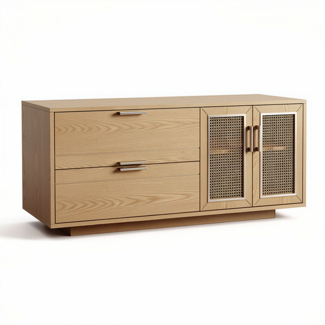 Wooden storage cabinet with rattan doors and two drawers 150 x 50 x 70cm