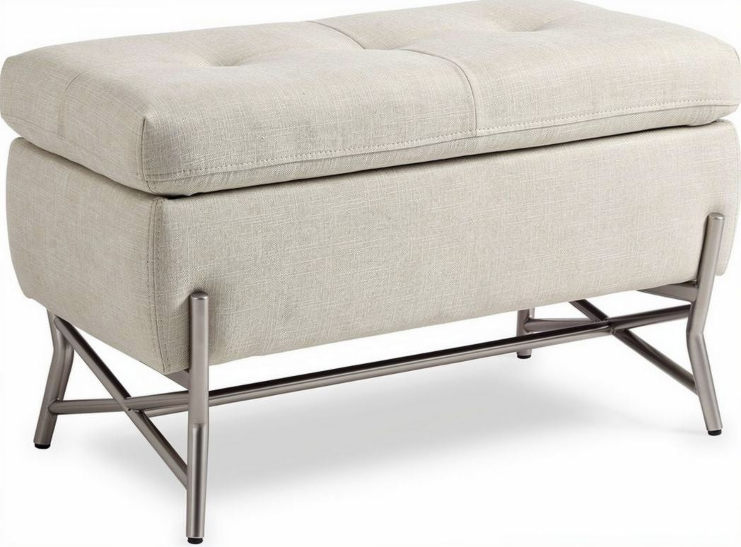Fabric storage ottoman with metal legs 90 x 45 x 40cm in beige color