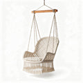 Macrame hanging chair in cream color cotton with wooden frame 80 x 60 x 90cm