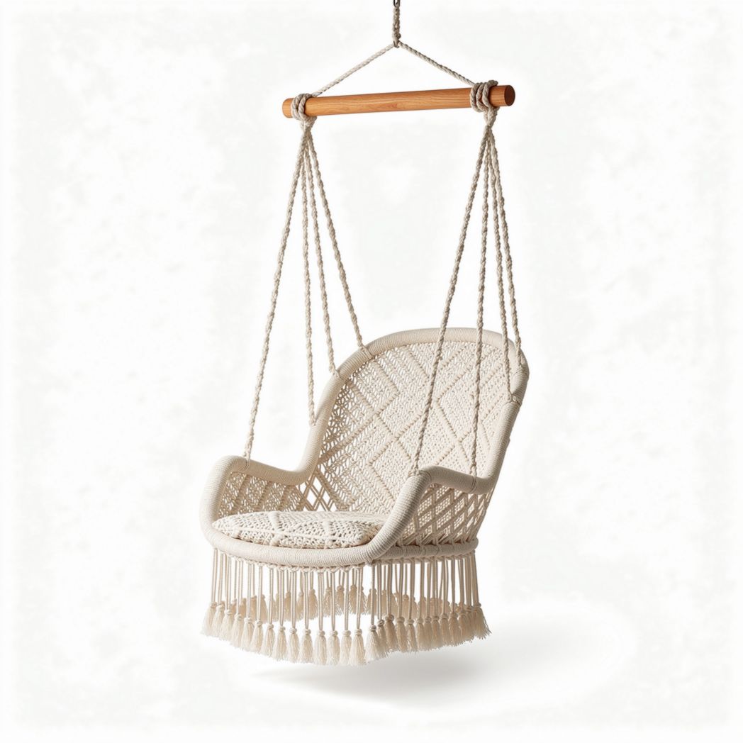 Macrame hanging chair in cream color cotton with wooden frame 80 x 60 x 90cm