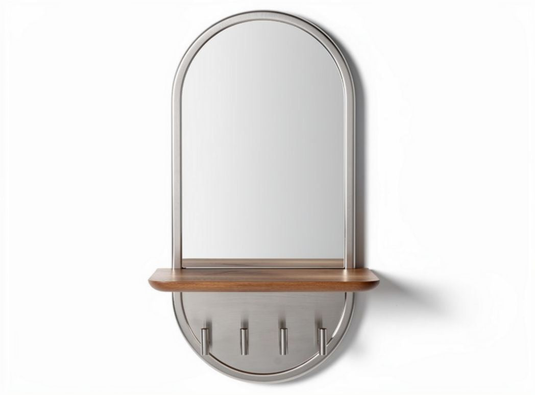 Wall-mounted mirror with wooden shelf and hooks in silver finish 60 x 40 x 10cm