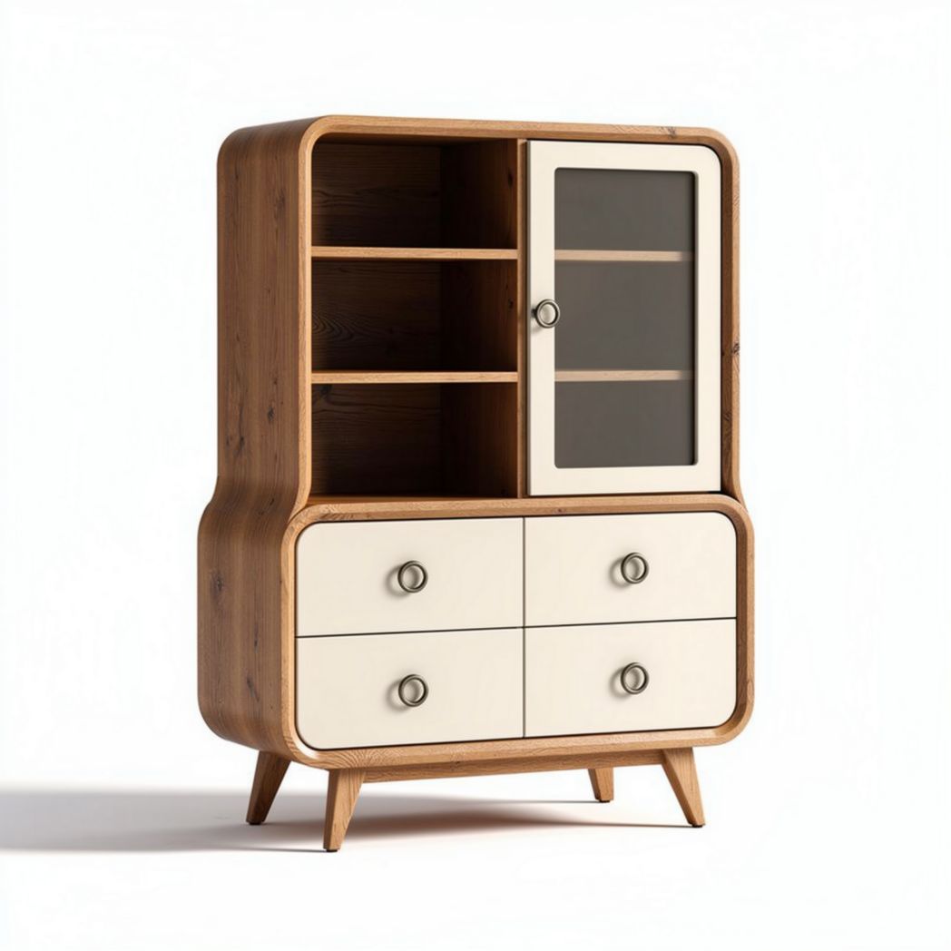 Wooden storage cabinet with glass door and four drawers 85 x 45 x 130cm