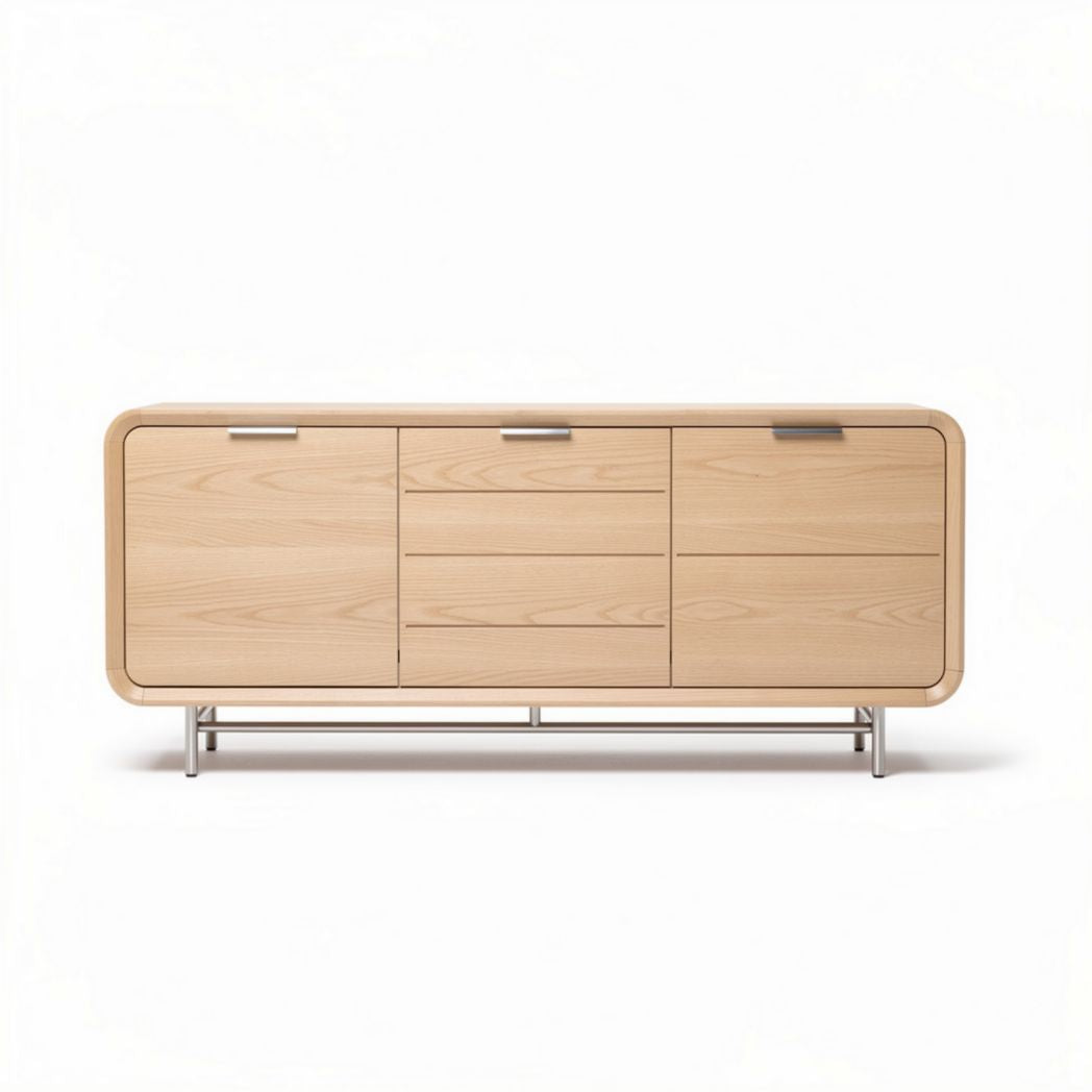 Wooden sideboard with four drawers and two cabinets in natural finish