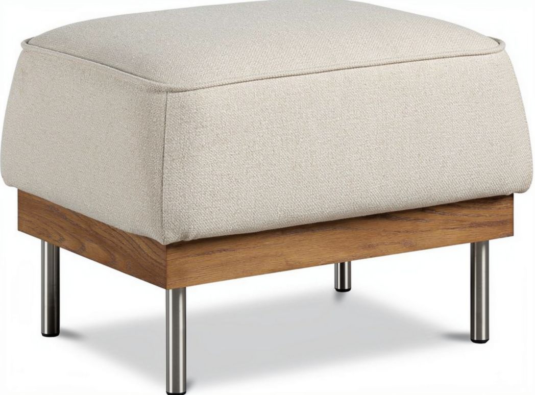 Fabric upholstered ottoman with wooden base and metal legs 45 x 45 x 40cm
