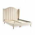Beige upholstered bed frame with slatted support system 210 x 160 x 100cm